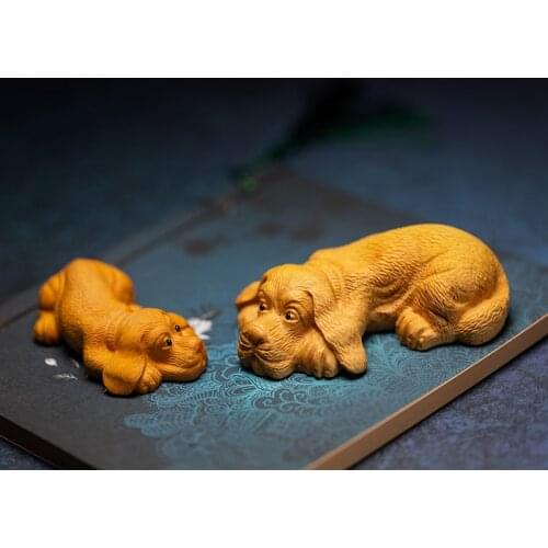 Boxwood 7cm 9cm Dog Sculpture Chinese Zodiac Animal Cute Puppy Wood Statue Home Decor