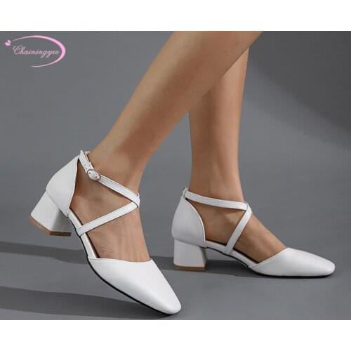 Casual style comfortable square toe summer cool sandals fashion buckle black red white middle with thick heel womens shoes