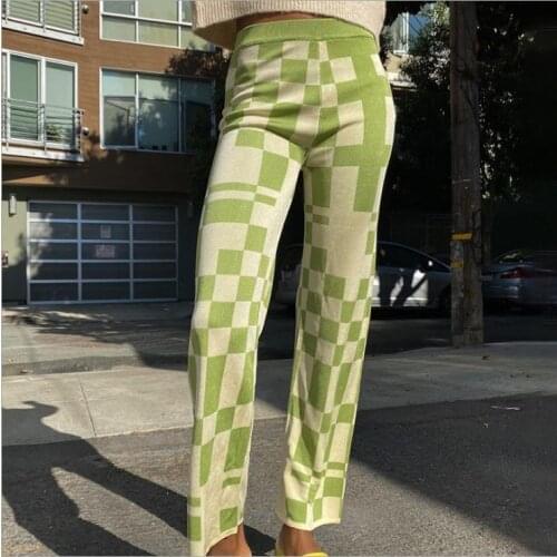Spring Autumn Women Straight Pants High Waist Plaid Long Pants Ladies Casual Stretch Long Pants Elastic Waist Tight Trouser