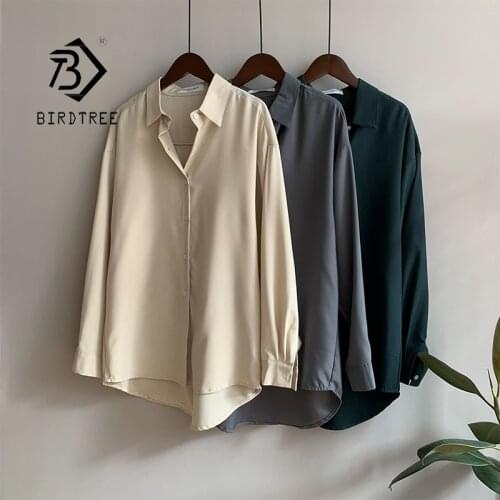 Autumn Women Vintage Full Sleeve Oversize Chiffon Blouse Turn-Down Collar Solid Shirts Elegant Office Wear Casual Basic Tops T17