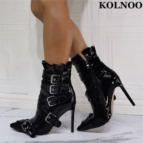 Kolnoo New Style Handmade Ladies High Heel Boots Patent Leather Real Photos Five-Buckle Straps Ankle Boots Fashion Winter Shoes