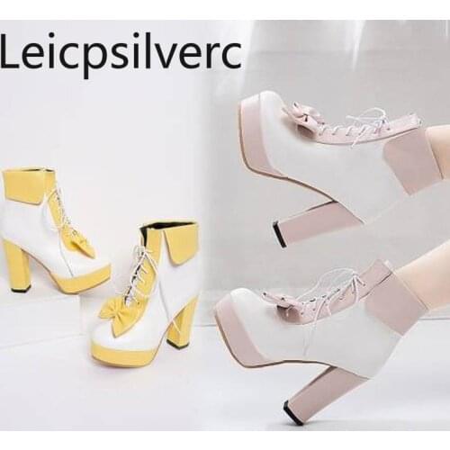Womens Boots New Autumn And Winter butterfly Knot Color matching High heel Short tube Womens shoes plus size 34-48 11cm high