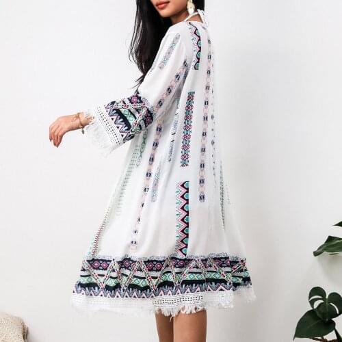 Lace Tassel Splice Long Kimono Women Enthic Contrast Color Geometric Print Loose Cardigan Summer Beachwear Holiday White Blouses