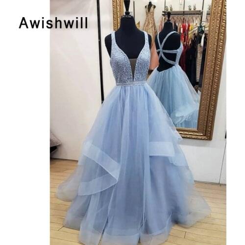 New Arrival Backless Long Evening Dresses 2020 Lace Tulle Women Formal Party Gown Prom Dress Floor Length Robe de Soiree