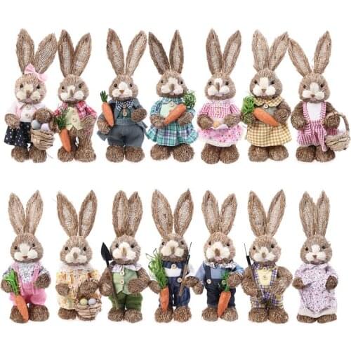 14" Artificial Straw Bunny Standing Rabbit with Carrot Home Garden Decoration Easter Theme Party Supplies