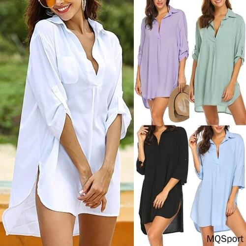2021 V- Neck Sexy Bikini Cover-ups White T shirt women Summer Beach Dress Pluz Size Swim Suit Cover Up Bathing Suit Beachwear