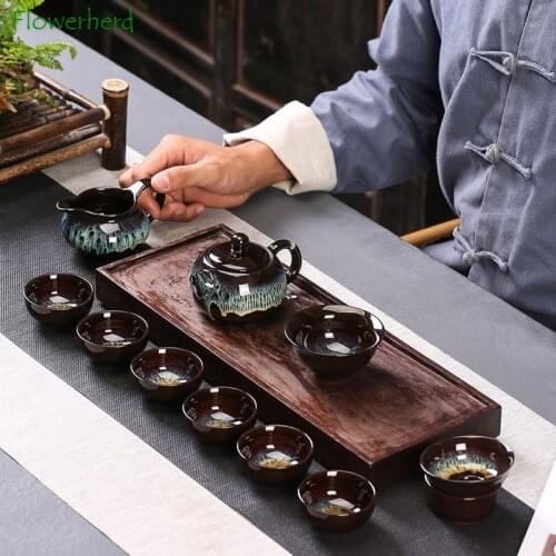 Ceramic Porcelain Tea Set Teaware Kung Fu Tea Set Tea Cups and Saucer Set Sand Golden Tianmu Glaze Teapot Cover Bowl