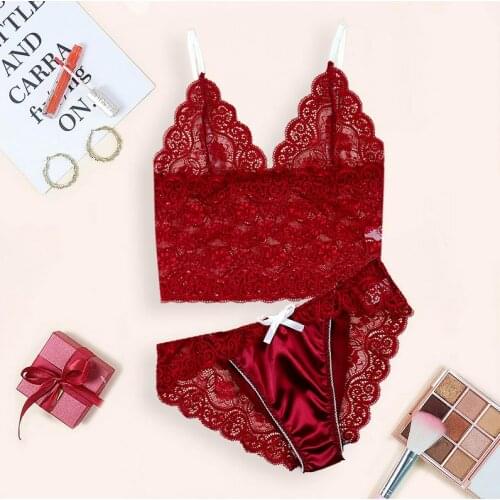 2 Pcs Women Sexy Lingerie Set Hollow Out Floral Lace Tank Top + Panties with Bowknot 2020 Summer Ladies pajamas Sets