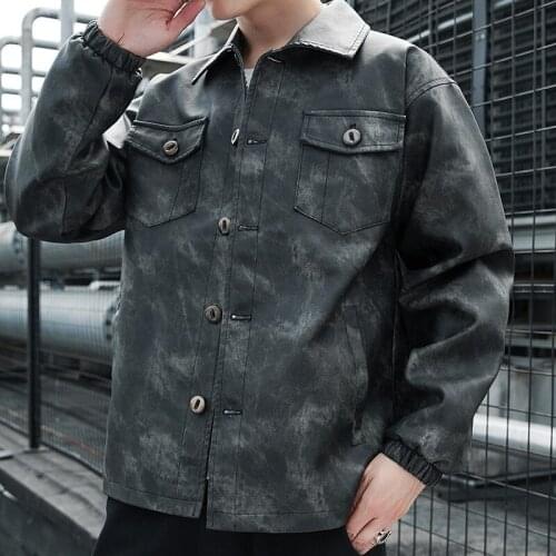 Halozeroo Fashion Mens Faux Leather Jacket Casual Loose Coat Camouflage Army Green Brown Single Breasted Male Jackets Lapel A8