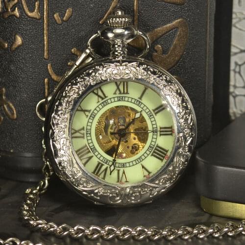 TIEDAN Steampunk Skeleton Mechanical Pocket Watches Men Antique Luxury Brand Necklace Silver Automatic Pocket & Fob Watch Chain