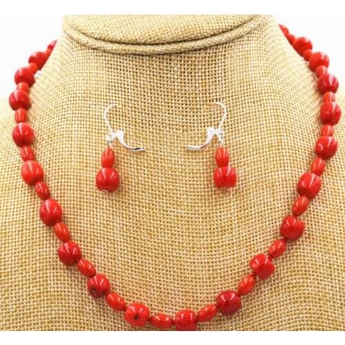 Fashion Natural Cylinder & Rice Red CORAL Necklace earring Ge mstone Women