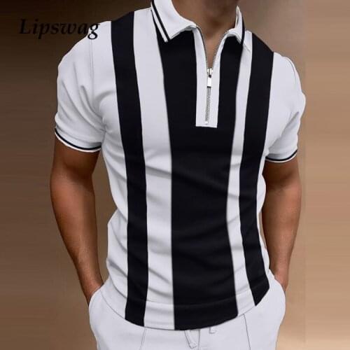 Fashion Patchwork Striped Short Sleeve Tops Male Casual Zip-up Turn-down Collar Polo Shirts Vintage Casual Mens Slim Polo Shirt