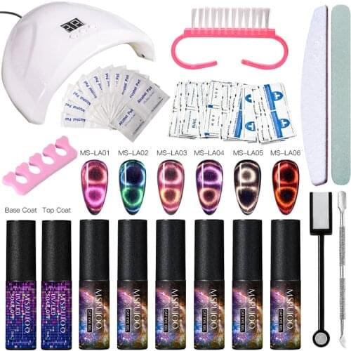 MSRUIOO 6Pcs Cat Eye Gel Polish Nail Art Varnish Set Packing Semi Permanent Glitter Hybrid Nail Gel Kits with UV LED Lamp