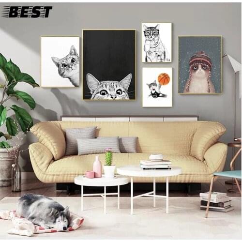 Desenhos animados bonitos do gato do animal de estimação jogando basquete cartazes & cópias da arte da lona