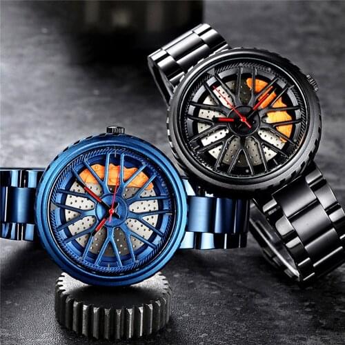 Mens Quartz Watch Wheel Rim Hub Waterproof Wristwatch with Stainless Steel Strap & Skeleton Japan Imported Movement