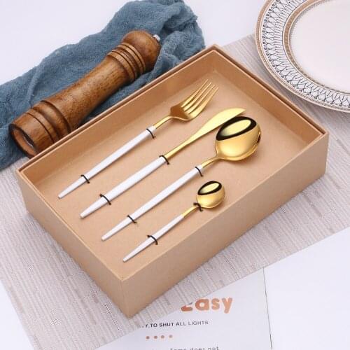 24 Piece Tableware Set Cutlery White Gold Glossy Fork Spoon Knife Set Stainless Steel Dinnerware for Wedding Gift Dropshipping