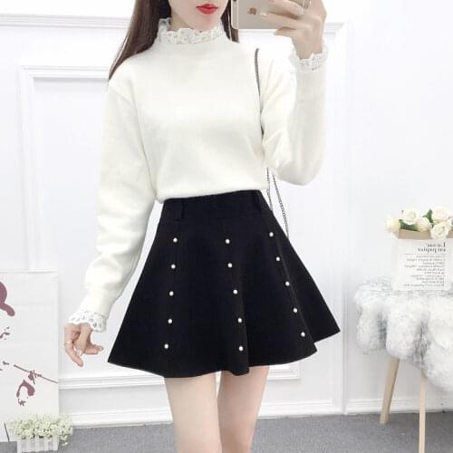 Women 2021 Autumn Winter New Fashion Two-piece Suits Female Solid Color Lace Sweater Tops Ladies High Waist Short Skirt Set Q208