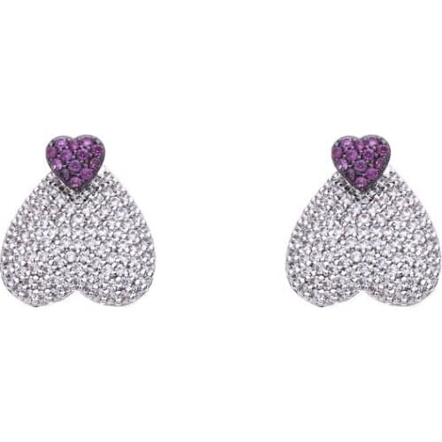 New Copper Cubic Zirconia Exquisite White Purple Heart Stud Earrings Women Fashion Cute for Girls Simple Elegant Woman Earrings