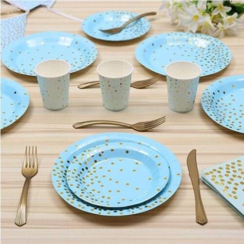 One-time Tableware Party Supplies Decoration Gold Polka Dot Blue Tableware Set Birthday Wedding Gold Party Decorations
