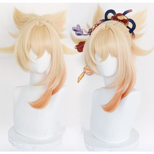 Yoimiya Cosplay Wig Game Genshin Impact Blond Orange Clip Ponytail Fake Hair Halloween Party Role Play Wigs + Wig Cap
