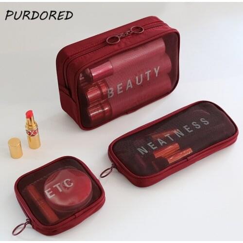PURDORED 1 Pc Mesh Women Cosmetic Bag Travel Makeup Organizer Clear Make Up Bag Men Wash Toiletry Bags Organizer Pouch Case