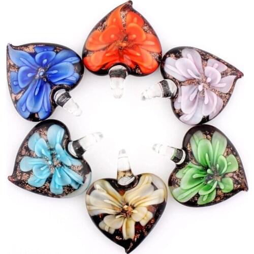 Q Fashion Wholesale 6pcs Handmade Murano Lampwork Glass Mix Color Flower Heart Pendants Fit Necklace