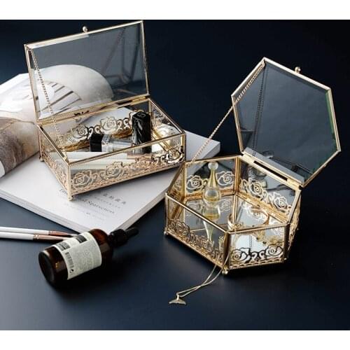Light Luxury Glass Gold-plated Wrought Iron Jewelry Box Home Creative Lace Storage Box Bedroom Desktop Finishing Box