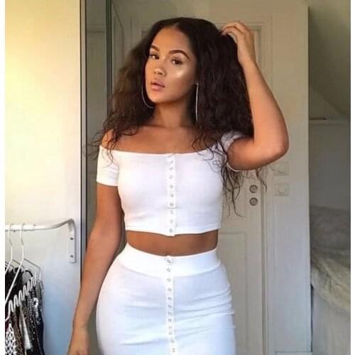 Set Women Solid Knitted Front Button 2 Piece Suit Slim Crop Top and Skirt Set Female Knee Length Outfit Two Piece Set WS132