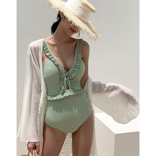2021 Korean New Style Fashion One Piece Swimsuit for Women Green Ruffled Hollow Chest and Back Sexy Swimming Suit