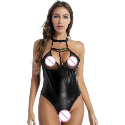 Women Zipper Crotch Leotard Bodysuit Hollow See-through Mesh Patent Leather Patchwork Unlined Bra Brassiere Backless Jumpsuit