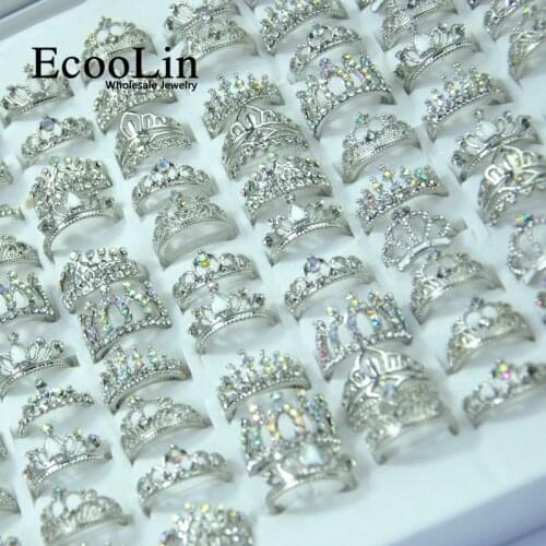50Pcs Royal Crown Womens Ring Fashion Zircon Shiny Women Engagement Wedding Jewelry Lots Packs LR4024