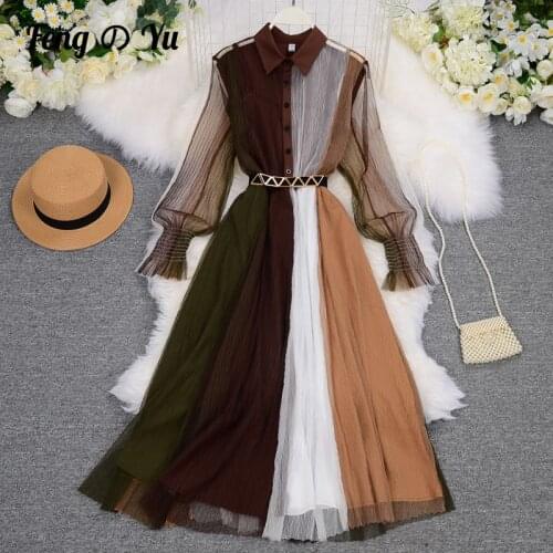 2021 Ladies Autumn Dress Retro Elegant Button A-line Elastic Waist Dress Contrast Color Long Sleeve Lace Mesh Dress XL 0723