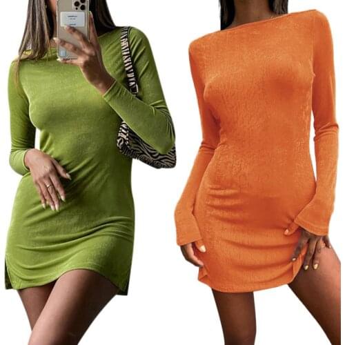 Women Sexy Tie-up Dress Adults Backless Solid Color Round Neck Long Sleeve Slit Dresses
