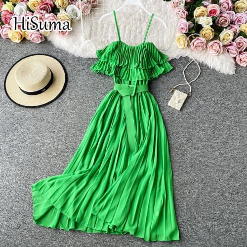 2021 summer new women strap slash neck ruffles slim chiffon pleating fairy A-line dress female Chic elegant waist beach dresses