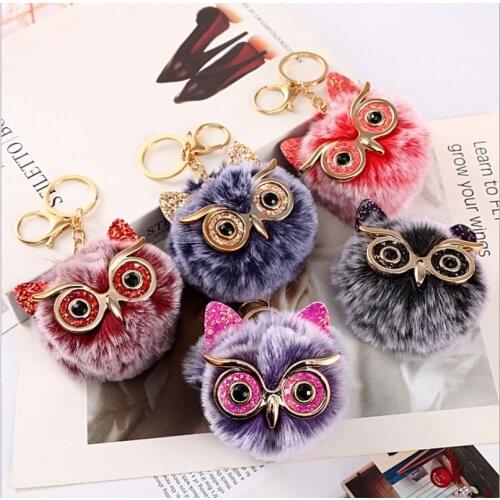 Fashion New Cute Two-color Fluffy Rabbit Fur Owl Pom Ball Keychain Keyring Car Key Ring Chain Charm Women Bag Pendant Decorative