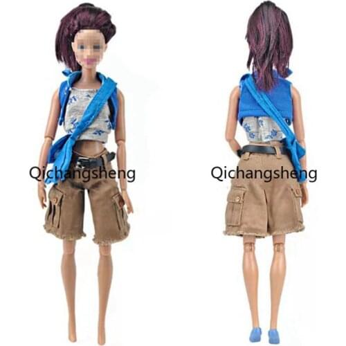 11.5" Fashion Blue Crop Top Coat Vest Shorts Belt Bag Shoes For Barbie Doll Clothes Outfit Set 1/6 BJD Dollhouse Accessories Toy