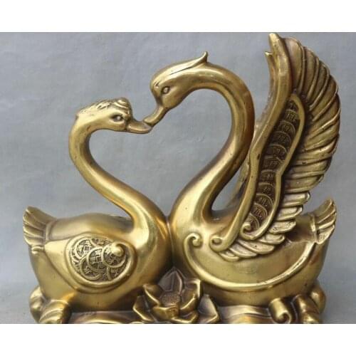 8" Unique China Pure Bronze Wealth Yuanbao Coin Swan Swans Animal Lotus Statue