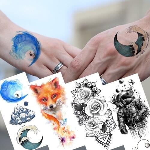 Watercolor Surf Wave Temporary Tatoo Sticker Realistic Fake Flower Fox Astronaut Tatoo For Party Body Art Hands Tattoo For Adult