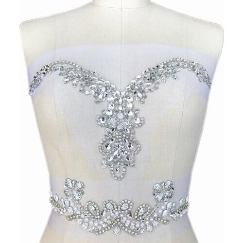 SPARKLE Silver V-Neck Neckline Crystal Appliques For Clothes Design Sewing Wedding Bridal Party Dress Chest Waist Decoration diy