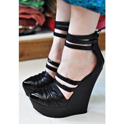 Black Leather Platform Wedge Sandals Shoes Woman Sexy Buckles Pointed Toe Wedge Pumps Lovely Lady Large Size Office Dress Shoes