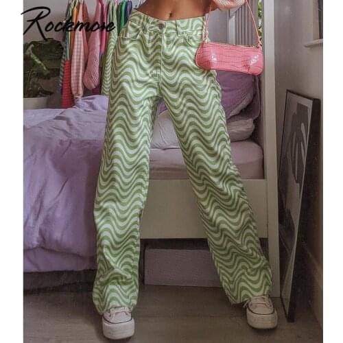 Rockmore Ripple Print High Waist WomenS Wide Leg Pants Wave Baggy Woven Trousers Y2K Mom Boyfriend Pants Capris Casual Bottom