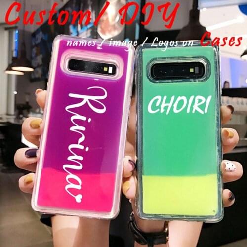 Custom Name logo Photo Luminous Neon Sand Cover For Samsung S10 6 7 8 9 10 Plus Note10 8 9 A50 A70 Liquid Glitter Quicksand Case