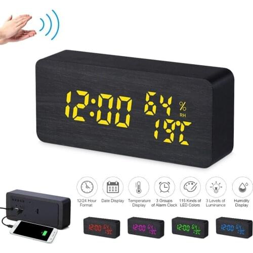 Wooden Alarm Clock 115-Colored Time/ Humidity/ Temperature/ Date Display Wood LED Digital Desk Clock Adjustable Brightness Voice