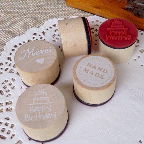 1pc Happy Birthday Wood Stamp Merci Handmade Pattern DIY Stationery Wooden Standard Stamp School Office Supplies Rubber Stamps