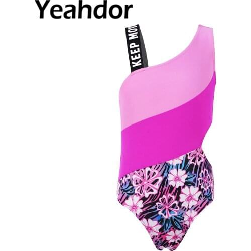 Kid Girls Swimwear Jumpsuit Asymmetrical Shoulder Straps Hollow Out Waist Bodysuit Beach Swimming Bathing Suit Children Swimsuit