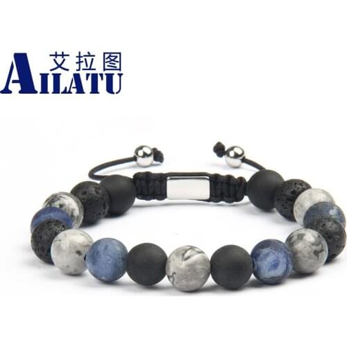 Mix 10mm Natural Stone Macrame Bracelet Dark Color Low-key and Calm Yoga Chakra Jewelry Stainless Steel Laser Print Logo Beads