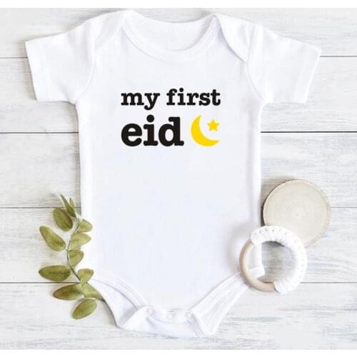 My First Eid Print Baby Bodysuit Summer Short Sleeve Cotton Boy Girl Cute Rompers Black White Gray Blue Pink Jumpsuits