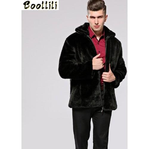 Boollili 2020 New Faux Fur Coat Fake Mink Fur Coats Mens Jackets Hooded Collar Black Faux Leather Jacket Jaqueta Couro