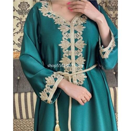 Satin Maxi Dress for Women Elegant Ethnic Embroidery Gilding Jalabiya Muslim Dubai Arabic Moroccan Kaftan Robe Green