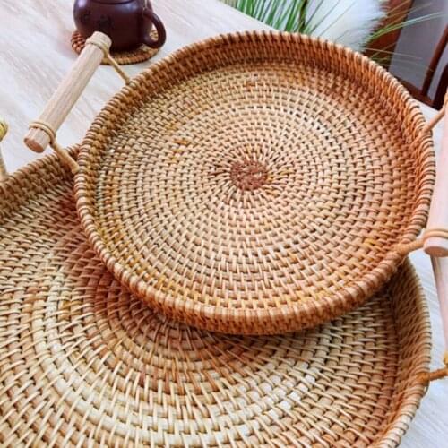 Handwoven Rattan Storage Tray With Handle Round Wicker Basket Bread Food Plate